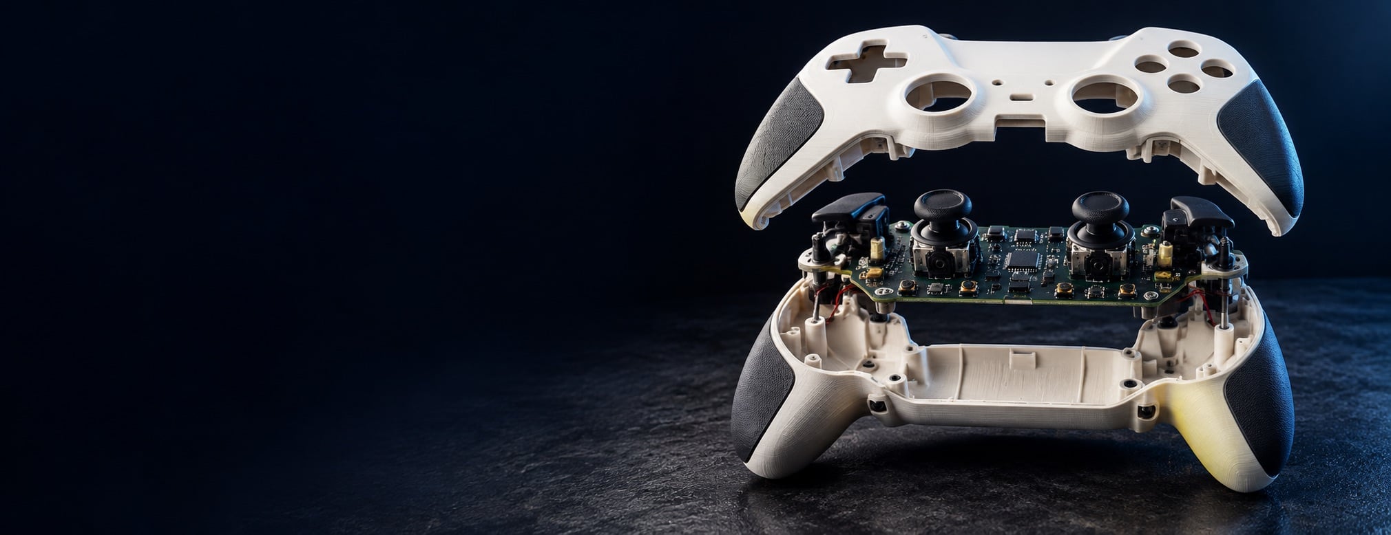 Exploded view of a white printed gamepad, showing its electronic board and shell